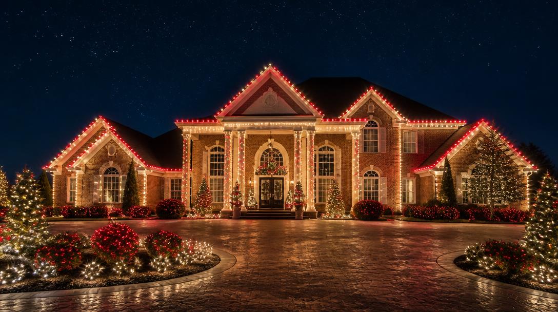 Estate home with red and white holiday lighting