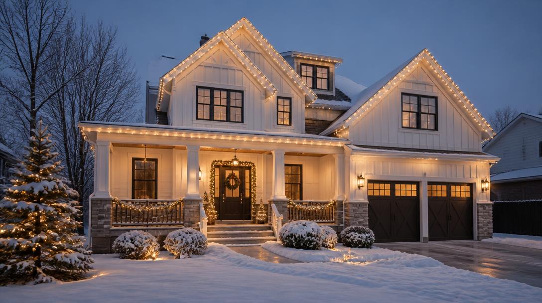 Modern farmhouse with elegant Christmas lights