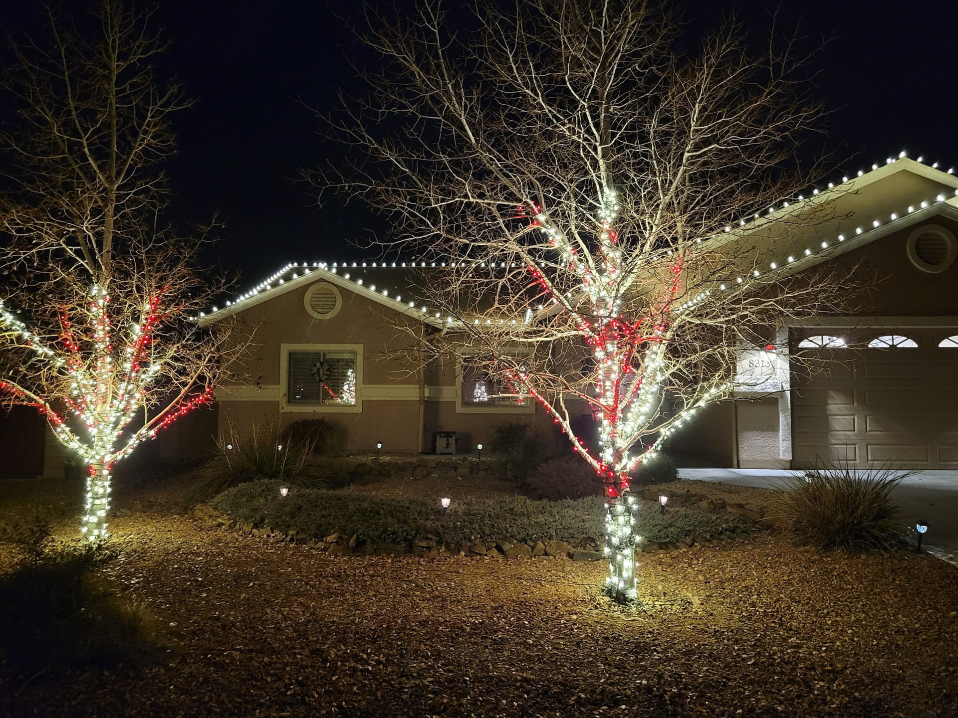 Home with red and white tree lighting in the snow