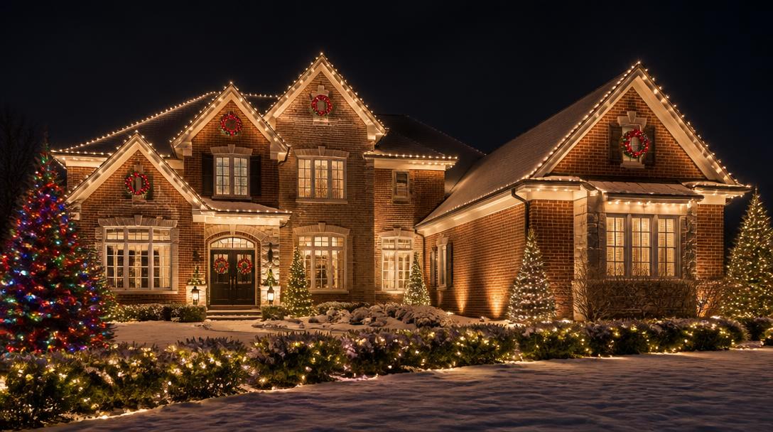Brick home with warm Christmas lights and wreaths