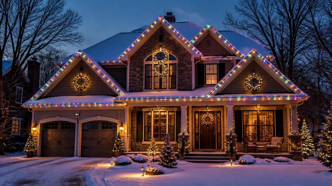 Stone home outlined with colorful Christmas lights